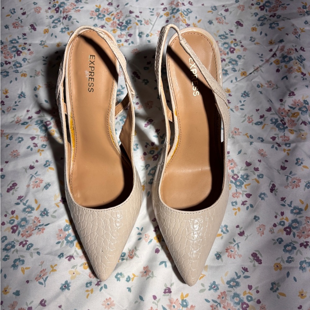 Express Beige Textured Slingback Heels